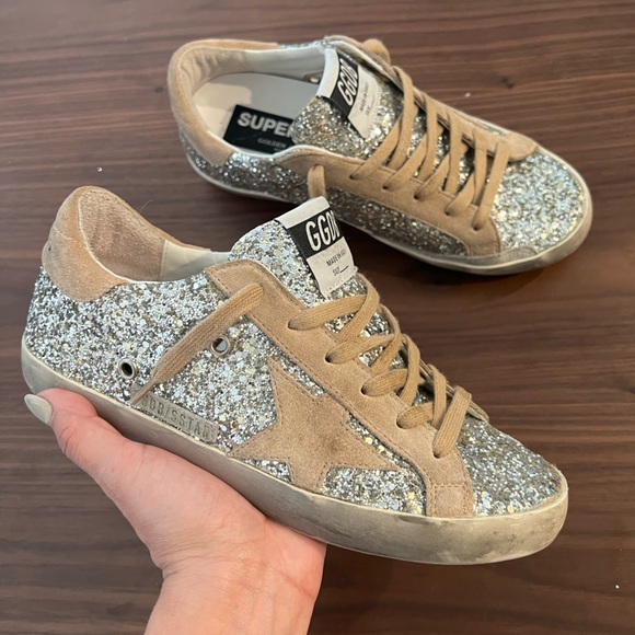 Golden Goose Beige and Silver Glitter Sneakers - Picture 2 of 16